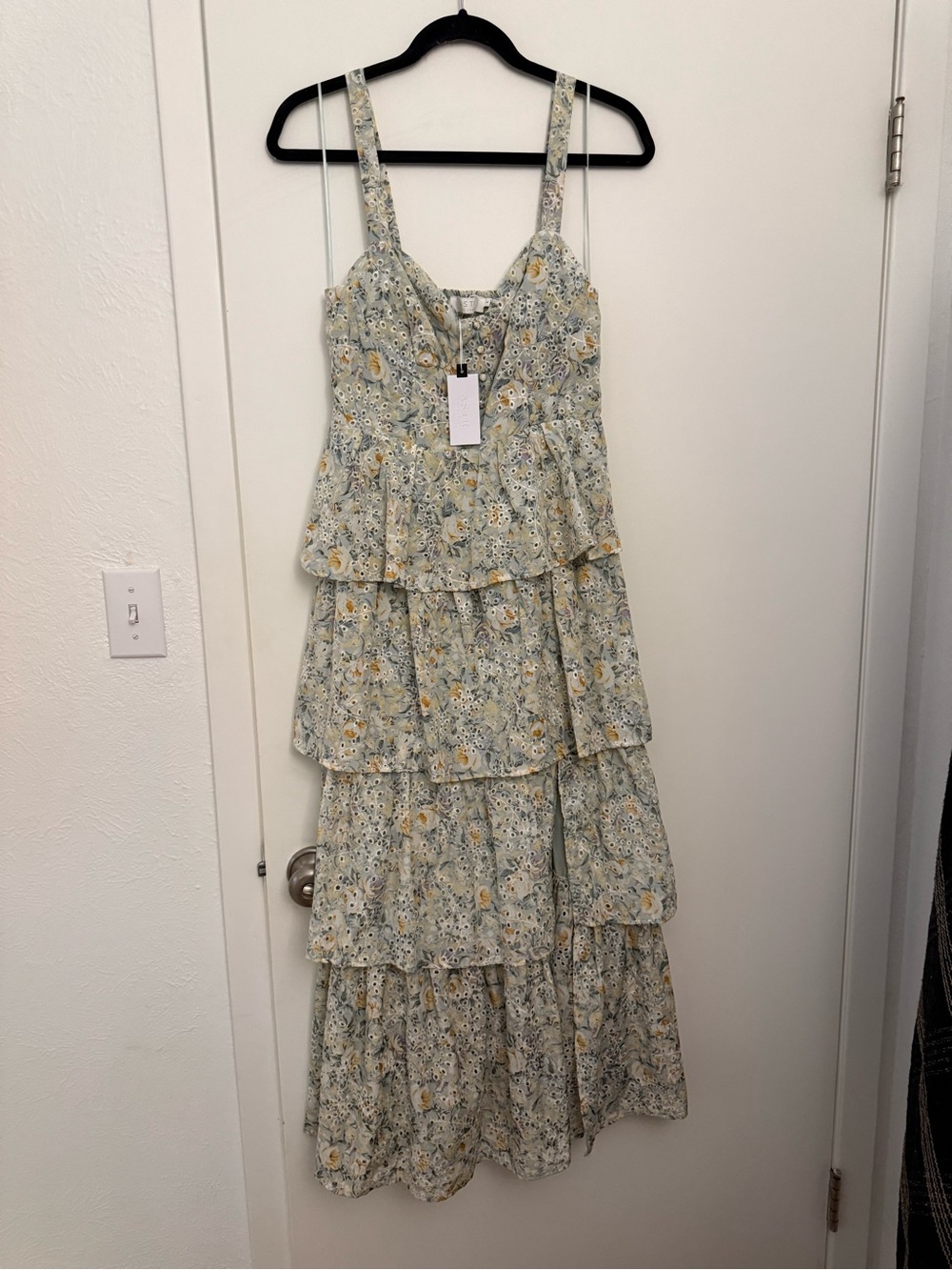 Astr Floral Tiered Midi Dress in Sage and Yellow